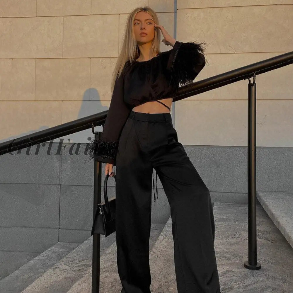 Girlfairy Long Sleeve 2 Pieces Pants Suit Black Feather Crop Top And Set Satin Trousers Fashion Two