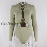 Girlfairy Long Sleeve Bodysuit For Women Autumn White Black Green Khaki Slim Hollow Out Tops Club