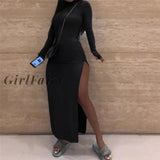 Girlfairy Long Sleeve Double Split Sexy Maxi Dresses Women 2023 Fall Winter Ribbed Knitted Bodycon Dress