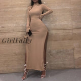 Girlfairy Long Sleeve Double Split Sexy Maxi Dresses Women 2023 Fall Winter Ribbed Knitted Bodycon