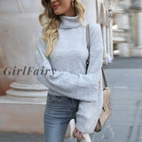 Girlfairy Long Sleeve Fall Winter Basic Gray Turtleneck Sweaters For Women Casual Knitted Pullovers