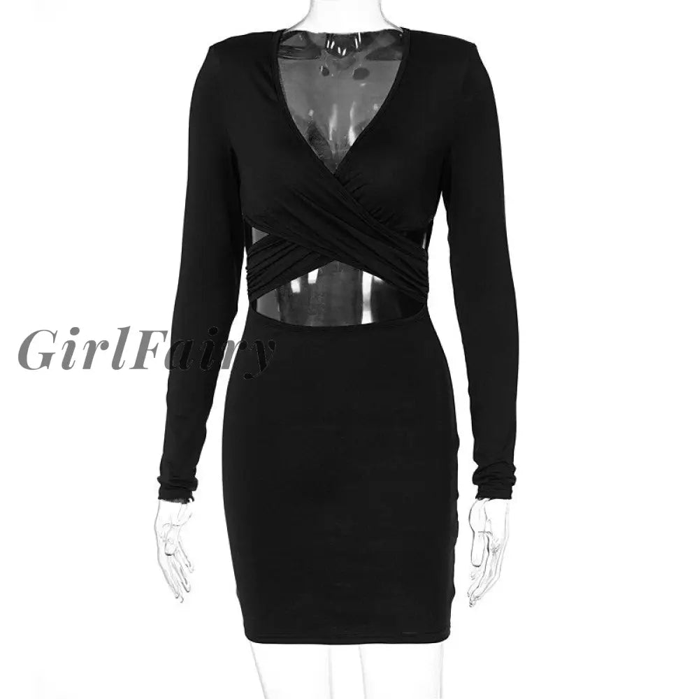 Girlfairy Long Sleeve Hollow Out Deep V-Neck Mini Dress For Women Autumn Sexy Black Bodycon Dresses