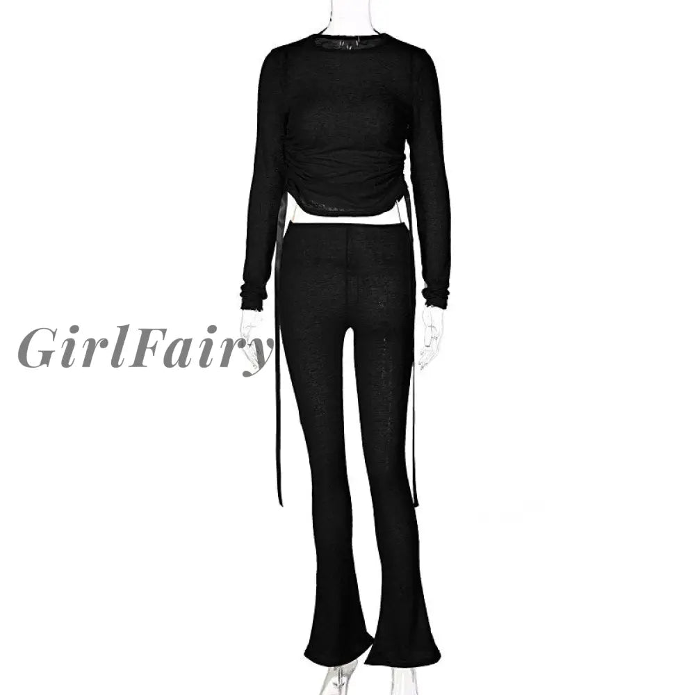 Girlfairy Long Sleeve Knitted 2 Pieces Set For Women Autumn Winter Drawstring T Shirts & Flare Pants