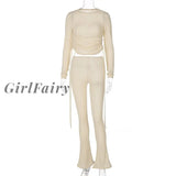 Girlfairy Long Sleeve Knitted 2 Pieces Set For Women Autumn Winter Drawstring T Shirts & Flare Pants