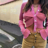 Girlfairy Long Sleeve Knitted Cardigan Sweater For Women Pink T Shirt Crop Tops Autumn Winter