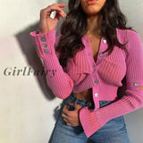 Girlfairy Long Sleeve Knitted Cardigan Sweater for Women Pink T Shirt Crop Tops Autumn Winter Single-breasted Irregular Hem Clothes