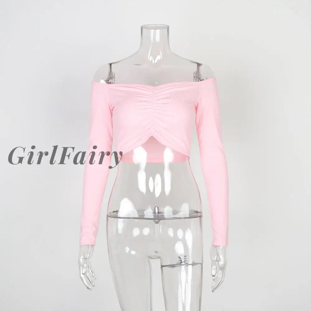 Girlfairy Long Sleeve Knitted Tops Sexy Slash Neck Elegant T-Shirts For Women Fashion Solid Color