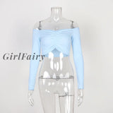 Girlfairy Long Sleeve Knitted Tops Sexy Slash Neck Elegant T-Shirts For Women Fashion Solid Color