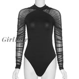 Girlfairy Long Sleeve Mesh Stitching Bodysuit For Women Sexy Sheath Slim Patchwork Party Style