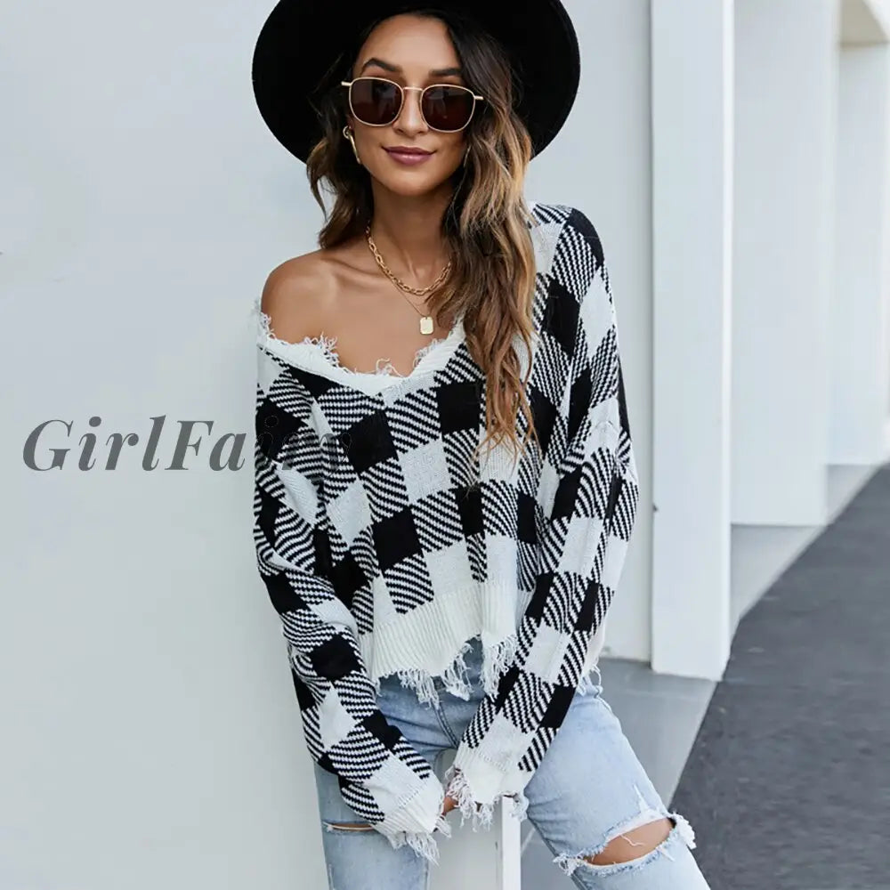 Girlfairy Long Sleeve Plaid Sweaters For Women Casual Hole Loose Knitted Pullovers V Neck Tops