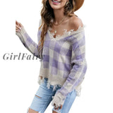 Girlfairy Long Sleeve Plaid Sweaters For Women Casual Hole Loose Knitted Pullovers V Neck Tops