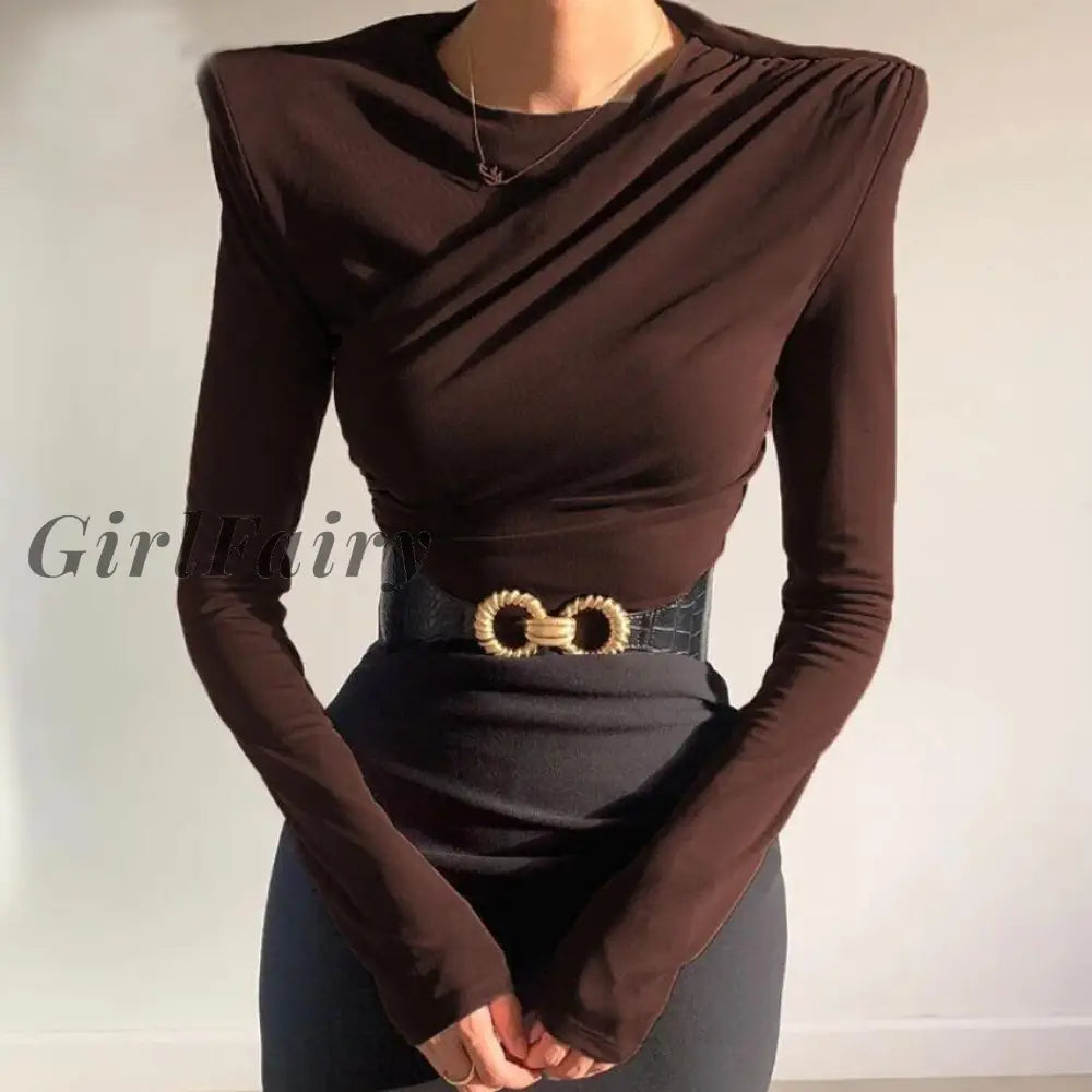 Girlfairy Long Sleeve Ruched Cropped Tops For Women Elegant T-Shirts Club Party Top Tees Solid