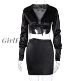 Girlfairy Long Sleeve Satin V-Neck Wrapped Crop Tops Skirt 2 Pieces Set Autumn Winter Women Pure