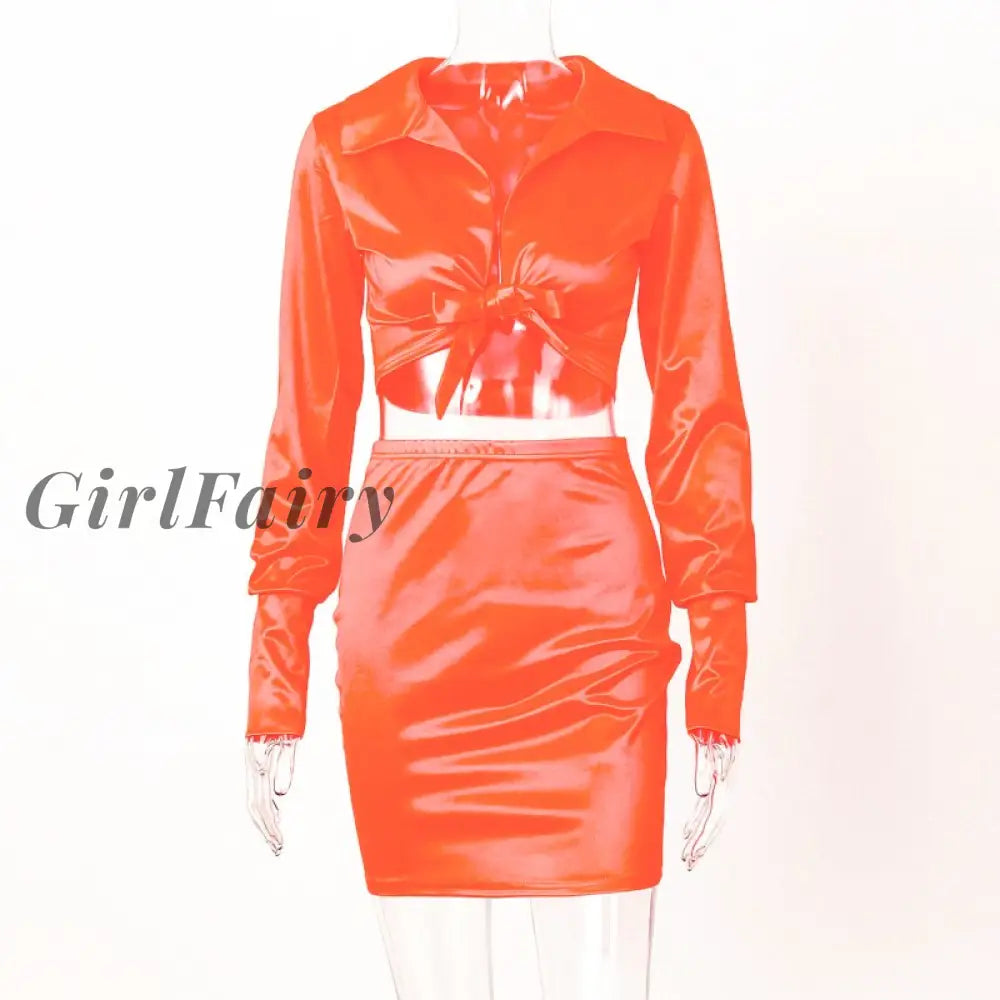 Girlfairy Long Sleeve Satin V-Neck Wrapped Crop Tops Skirt 2 Pieces Set Autumn Winter Women Pure