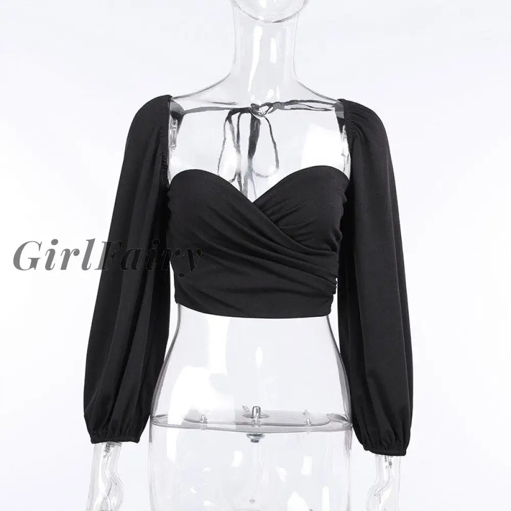 Girlfairy Long Sleeve Square Collar Tops Sexy Elegant T-Shirts For Women Fashion Ruched Crop Top
