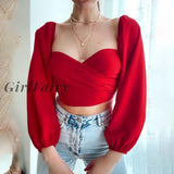Girlfairy Long Sleeve Square Collar Tops Sexy Elegant T-Shirts For Women Fashion Ruched Crop Top