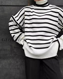 Girlfairy Long Sleeve Striped Knitted Oversized Sweater Split Turtleneck Women Casual Pullover
