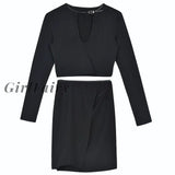 Girlfairy Long Sleeve Two Piece Skirt Set Celebrities High Fashion Black Midi Dress Sets Sexy Club