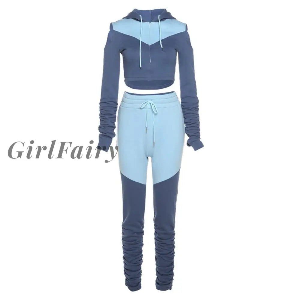 Girlfairy Long Sleeve Two Piece Sweatshirt Sportswear & Trousers Suit For Women Patchwork Ruched