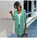 Girlfairy Long Sweater Cardigan Women Casual Long Sleeve Knitted Cardigans Tops Warm Autumn Winter Green Womans Clothes Fall Fashion