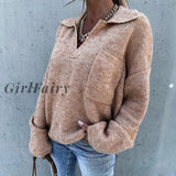 Girlfairy Loose Green Sweater Women Long Sleeves Autumn Winter Casual Pullover Polo Collar Elegant