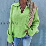 Girlfairy Loose Green Sweater Women Long Sleeves Autumn Winter Casual Pullover Polo Collar Elegant