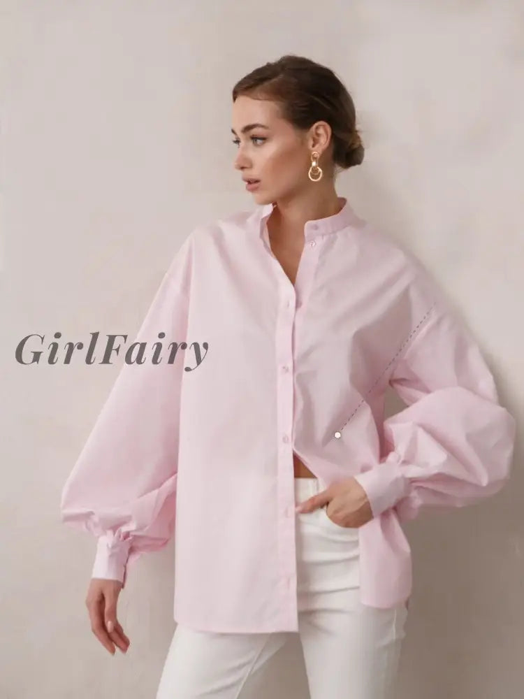 Girlfairy Loose Oversize Shirts Tops White Lantern Sleeve Single-Breasted Office Lady Female 100%