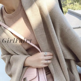 Girlfairy Loose Woolen Casual V-Neck Striped Cardigans Elegant Coats Knit Sweater Oversize Coat