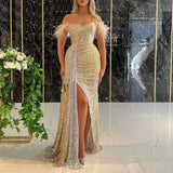 Girlfairy Luxury Floor Length Dresses For Women Wedding Party Clothes Split Strapless Sequins Long