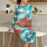 Girlfairy Luxury Women Dress Vocation Style Print Skinny Party Dresses Elegant Soft Long Sleeve Slim