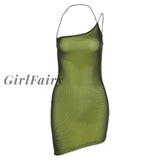 Girlfairy Mesh Halter Tie Up Mini Dresses For Women Summer Casual Street Style Sexy Backless