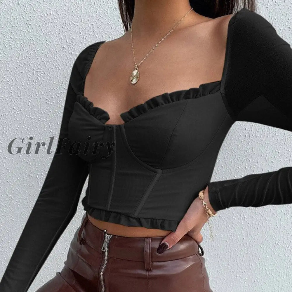 Girlfairy Mesh Long Sleeve Corset Top Sexy Vintage Clothes For Women Square Neck Crop Tops Shirts