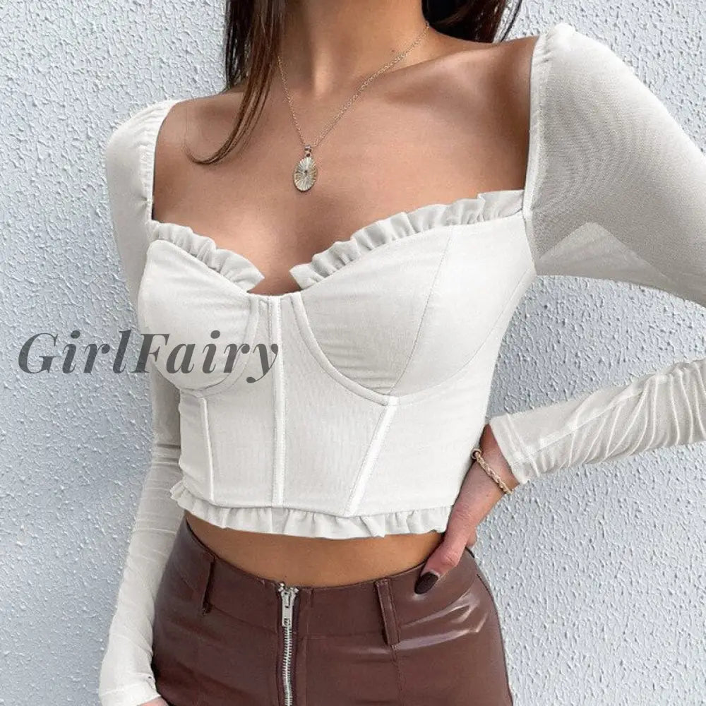Girlfairy Mesh Long Sleeve Corset Top Sexy Vintage Clothes For Women Square Neck Crop Tops Shirts