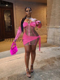 Girlfairy Mesh Patchwork Two Piece Set Women Wrapped Chest Zipper See Through Bodycon