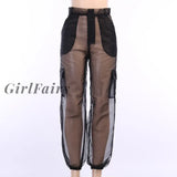 Girlfairy Mesh See Through Hight Waist Cargo Pants Patchwork Sweatpants Black Fashion Summe New