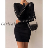 Girlfairy Metal Rivets Hook Black Bodycon Dresses For Women Winter 2023 Fashion Sexy Rib Knit Long