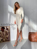 Girlfairy Midi Dress Long Sleeve Knitwear Button Split V Neck Sexy Party Club Women Casual Bodycon