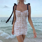 Girlfairy Mini Dress features pleated lace satin straps ruffled scalloped hemline front buttons short party dress
