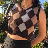GirlFairy New Brown Argyle Vintage Y2k Sweater Vest Women Autumn Sleeveless Knitwear Pullover Preppy Style Plaid Knitwear 90s Aesthetic Tops
