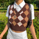 Girlfairy New Brown Argyle Vintage Y2K Sweater Vest Women Autumn Sleeveless Knitwear Pullover Preppy