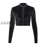 Girlfairy New Chinese Style Women Sexy Bodycon T-Shirts Vintage Black Solid Color Fog Buttons Long