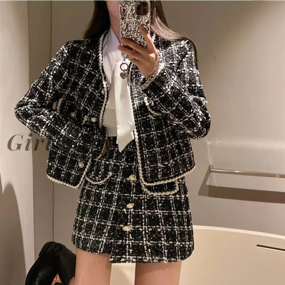 Girlfairy New Fashion 2023 Autumn 2 Pieces Set Elegant Vintage Plaid Tweed Long Sleeve Jackets Coat