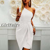Girlfairy New Fashion Asymmetrical Dresses For Women Elegant Temperament Inclined Shoulder Solid