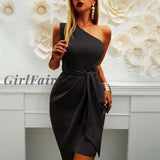 Girlfairy New Fashion Asymmetrical Dresses For Women Elegant Temperament Inclined Shoulder Solid
