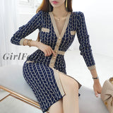 Girlfairy New Fashion Chic Autumn Elegant V-Neck Long Sleeve Knit Dress Single Breasted Lattice