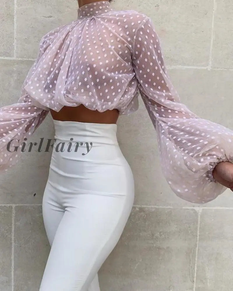 Girlfairy New Fashion Women Hollow Mesh Net Perspective Long Lantern Sleeve Tops Transparent Blouse