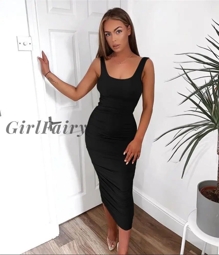 Girlfairy New Fashion Women Sexy Sleeveless Solid Color Strapless Fold Dress Summer Bodycon Casual