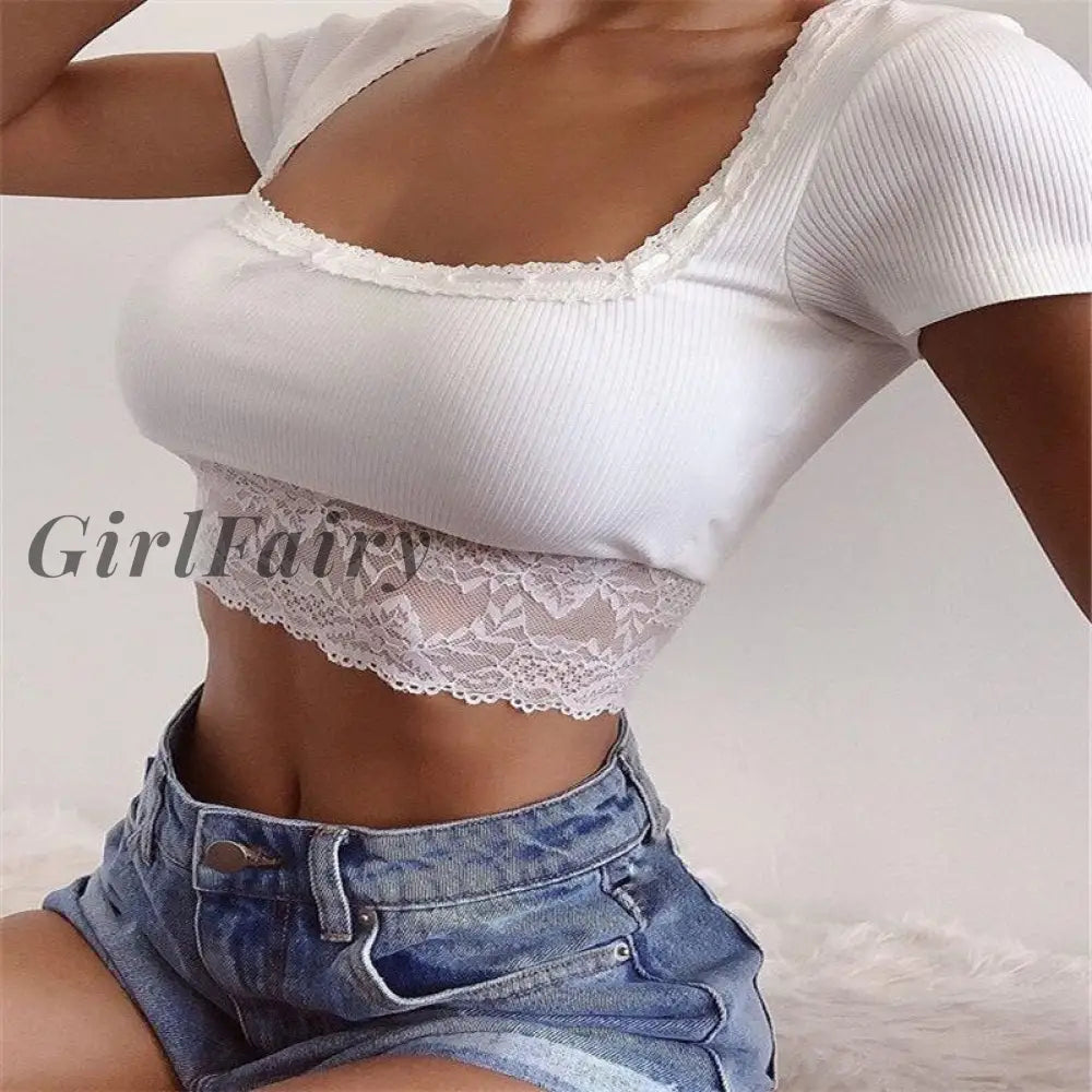 Girlfairy New Fashion Women Square Neck Knitwear Short Sleeve Solid Color Lace Mesh Hem Sheer Tank