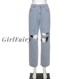 Girlfairy New High Wasit Hole Jeans Denim Pants Women Loose Straight Y2K Trousers Wide Leg Long