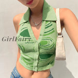 Girlfairy New Knit Y2K Crop Top Women Halter Neck Backless Summer Stripe Tops For Girls V Sleeveless